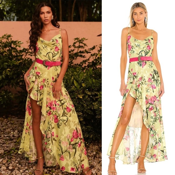 PatBO Tula Slip Dress in Lemon Yellow Floral Print XS